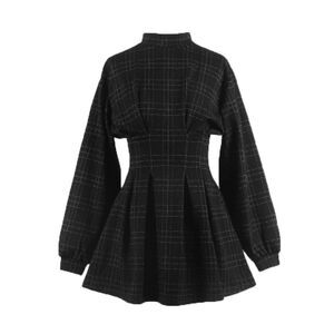 Goth Long Sleeve Dress Gothic Harajuku Vintage Plaid Wrap Balck Mini Dress Retr
